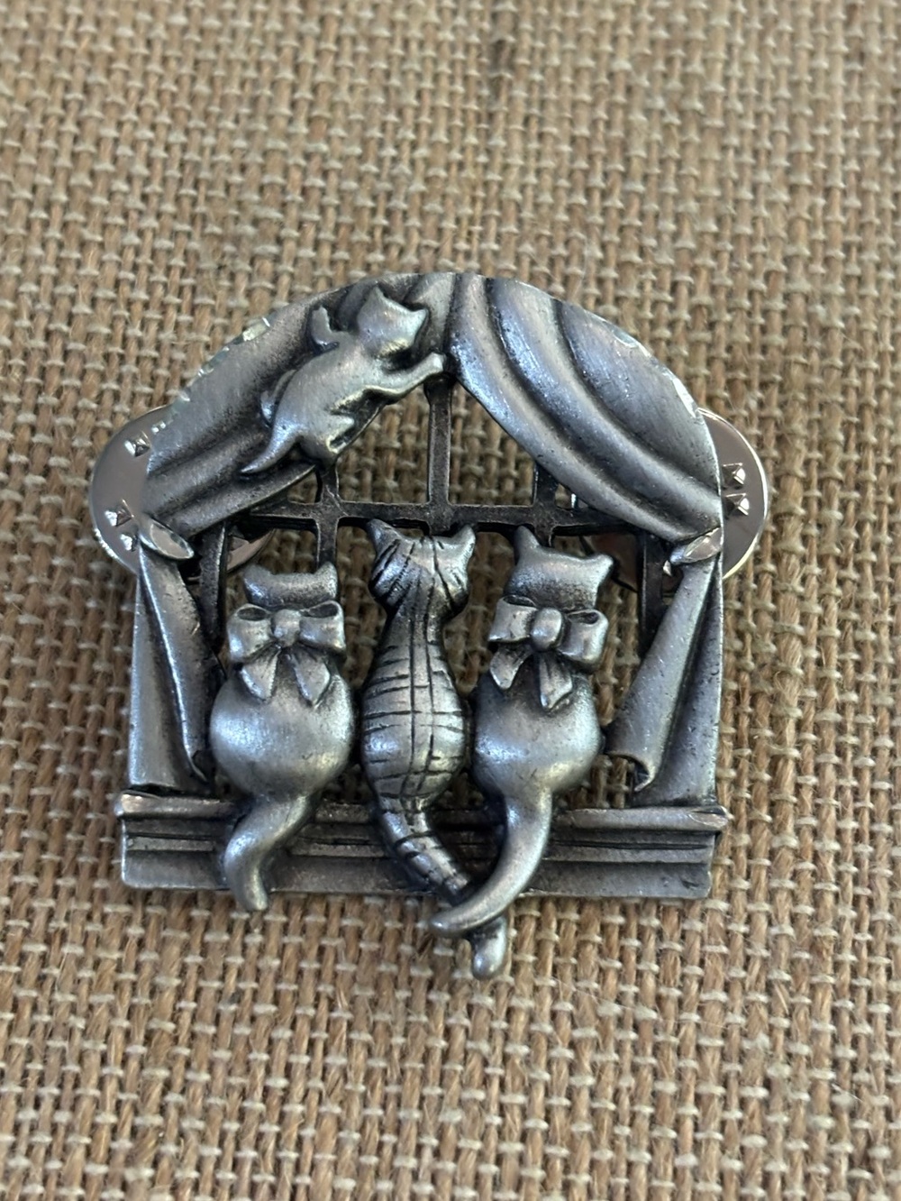 Vintage AJC Pewter Tone Cats In The Window Brooch Pin Cat Lover Gift